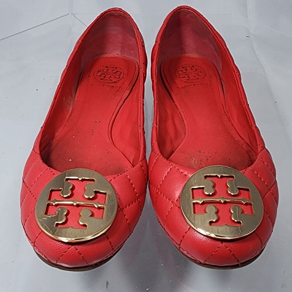 Repair Tory Burch QUINN 6.5 Ballet Flats Quilted Leather Carnival Red Gold
